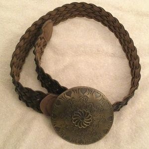 NWOT! 2 Tone Leather Rope Belt with Metal Floral Buckle